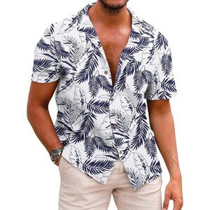 Men's Hawaiian Cotton Linen Button Down Tropical Holiday Beach Shirts Palm Leaf